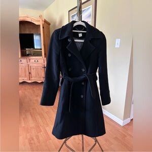 J. Crew Black Women's Double-Breasted Belted Wool Trench Coat